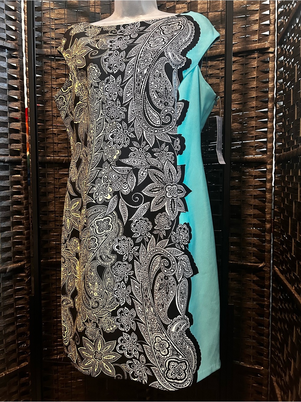 London times turquoise black yellow paisley Sleeveless sheath dress 14 Nwt